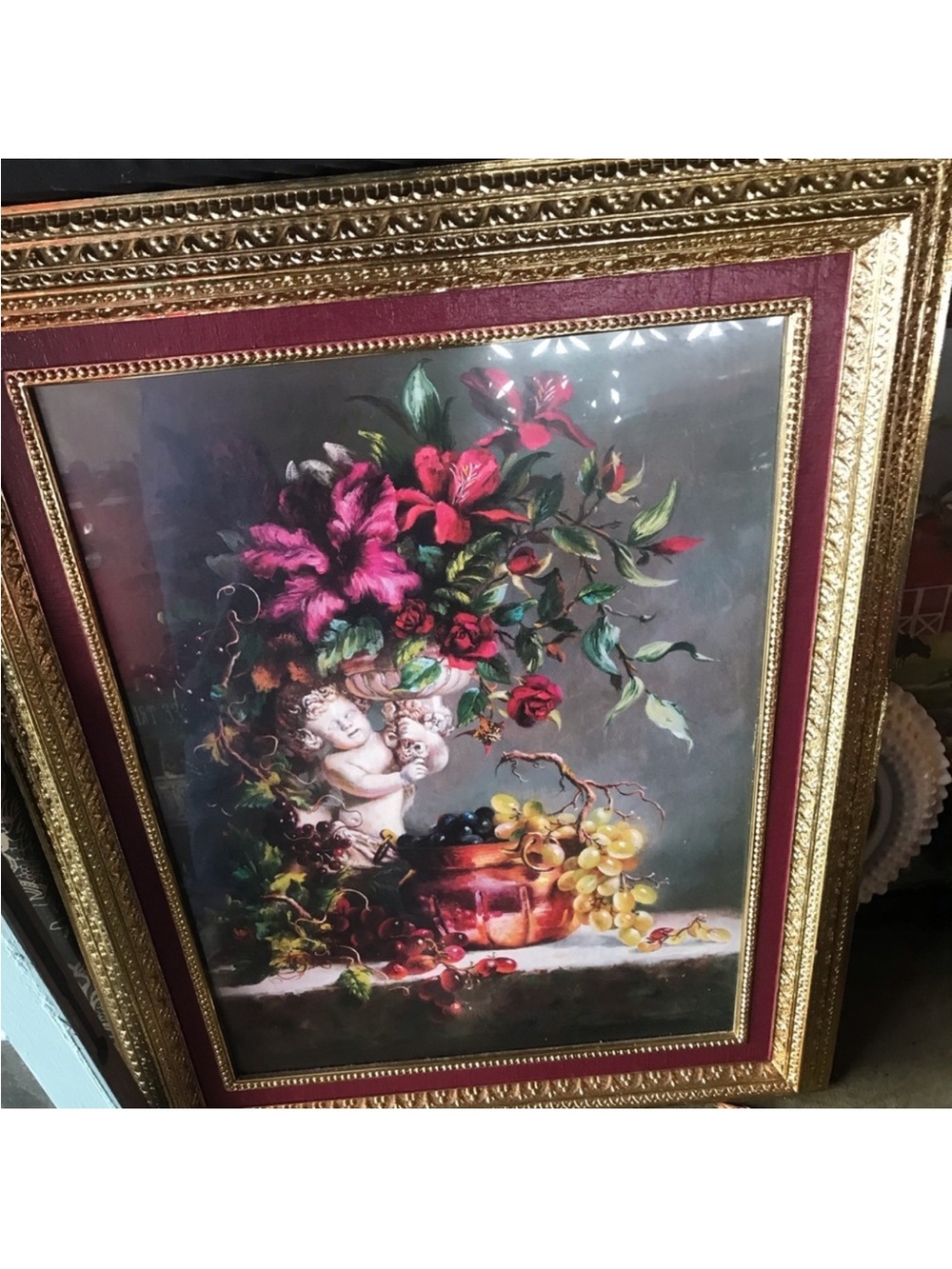 Decorative Floral & Cherub Still Life Print in Ornate Gold Frame - Burgundy Mat